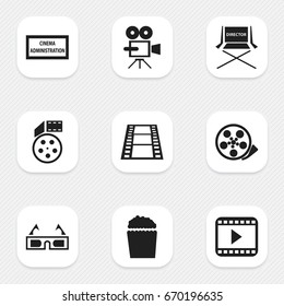Set Of 9 Editable Movie Icons. Includes Symbols Such As Camera Strip, Theater Agency, 3D Vision And More. Can Be Used For Web, Mobile, UI And Infographic Design.