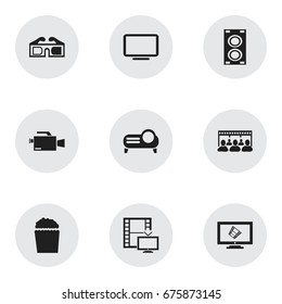 Set Of 9 Editable Movie Icons. Includes Symbols Such As Television, 3D Glasses, Video Camera And More. Can Be Used For Web, Mobile, UI And Infographic Design.