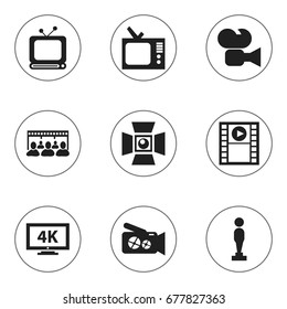 Set Of 9 Editable Movie Icons. Includes Symbols Such As Camcorder, Portable Camera, Ultra Display And More. Can Be Used For Web, Mobile, UI And Infographic Design.