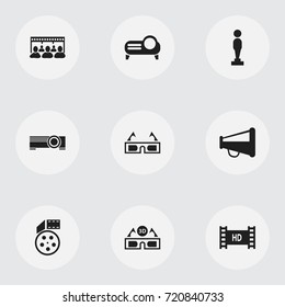 Set Of 9 Editable Movie Icons. Includes Symbols Such As Projector, Film Glasses, Oscar And More. Can Be Used For Web, Mobile, UI And Infographic Design.