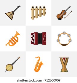 Set Of 9 Editable Mp3 Flat Icons. Includes Symbols Such As Strings, Sax, Timbrel And More. Can Be Used For Web, Mobile, UI And Infographic Design.