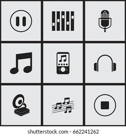 Set Of 9 Editable Mp3 Icons. Includes Symbols Such As Break Music, Earphone, Microphone And More. Can Be Used For Web, Mobile, UI And Infographic Design.
