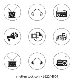 Set Of 9 Editable Mp3 Icons. Includes Symbols Such As Broadcasting, Musical Sign, Drum And More. Can Be Used For Web, Mobile, UI And Infographic Design.