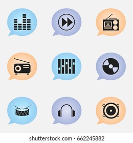 Set Of 9 Editable Mp3 Icons. Includes Symbols Such As Bar Wave, Cassette Player, Rewind And More. Can Be Used For Web, Mobile, UI And Infographic Design.