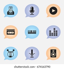 Set Of 9 Editable Mp3 Icons. Includes Symbols Such As Media Device, Play Button, Radio Mike And More. Can Be Used For Web, Mobile, UI And Infographic Design.