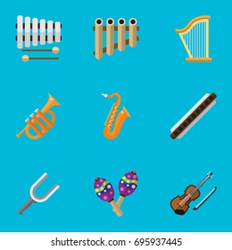 Set Of 9 Editable Multimedia Flat Icons. Includes Symbols Such As Tuba, Beanbag, Sticks And More. Can Be Used For Web, Mobile, UI And Infographic Design.