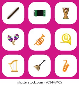 Set Of 9 Editable Multimedia Flat Icons. Includes Symbols Such As Tuba, Sax, Oboe And More. Can Be Used For Web, Mobile, UI And Infographic Design.