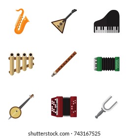 Set Of 9 Editable Multimedia Flat Icons. Includes Symbols Such As Instrument, Strings, Range And More. Can Be Used For Web, Mobile, UI And Infographic Design.