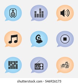 Set Of 9 Editable Multimedia Icons. Includes Symbols Such As Bar Wave, Break Music, Equalizer And More. Can Be Used For Web, Mobile, UI And Infographic Design.