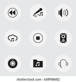 Set Of 9 Editable Multimedia Icons. Includes Symbols Such As Backward, Sound Amplifier, Karaoke And More. Can Be Used For Web, Mobile, UI And Infographic Design.