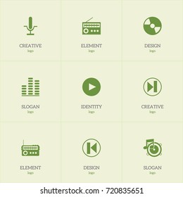 Set Of 9 Editable Multimedia Icons. Includes Symbols Such As Play Button, Broadcasting, Radio Mike And More. Can Be Used For Web, Mobile, UI And Infographic Design.
