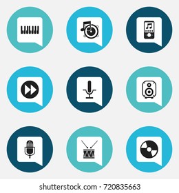 Set Of 9 Editable Multimedia Icons. Includes Symbols Such As Disc, Microphone, Octave And More. Can Be Used For Web, Mobile, UI And Infographic Design.