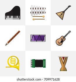 Set Of 9 Editable Music Flat Icons. Includes Symbols Such As Portal, Barrel, Sticks And More. Can Be Used For Web, Mobile, UI And Infographic Design.