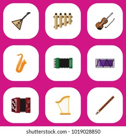 Set of 9 editable music icons flat style. Includes symbols such as fife, harmonica, barrel and more. Can be used for web, mobile, UI and infographic design.