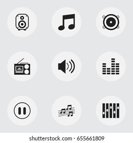 Set Of 9 Editable Music Icons. Includes Symbols Such As Speaker, Bar Wave, Music And More. Can Be Used For Web, Mobile, UI And Infographic Design.