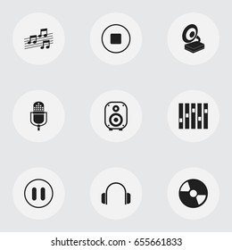 Set Of 9 Editable Music Icons. Includes Symbols Such As Stop, Microphone, Equalizer And More. Can Be Used For Web, Mobile, UI And Infographic Design.
