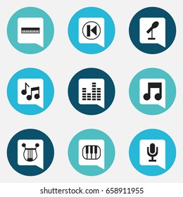 Set Of 9 Editable Music Icons. Includes Symbols Such As Bar Wave, Piano, Previous And More. Can Be Used For Web, Mobile, UI And Infographic Design.