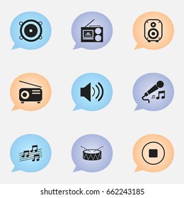 Set Of 9 Editable Music Icons. Includes Symbols Such As Break Music, Bass Speakers, Speaker And More. Can Be Used For Web, Mobile, UI And Infographic Design.