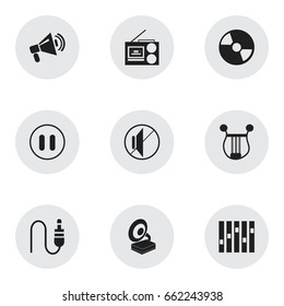 Set Of 9 Editable Music Icons. Includes Symbols Such As Announcement, Silent, Cassette Player And More. Can Be Used For Web, Mobile, UI And Infographic Design.