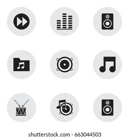 Set Of 9 Editable Music Icons. Includes Symbols Such As Bass Speakers, Frequency, Ahead And More. Can Be Used For Web, Mobile, UI And Infographic Design.