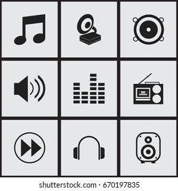 Set Of 9 Editable Music Icons. Includes Symbols Such As Earphone, Sound, Cassette Player And More. Can Be Used For Web, Mobile, UI And Infographic Design.