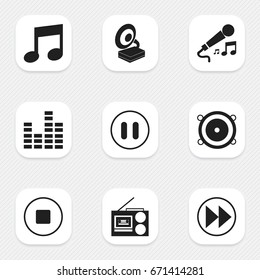 Set Of 9 Editable Music Icons. Includes Symbols Such As Rewind, Bar Wave, Break Music And More. Can Be Used For Web, Mobile, UI And Infographic Design.
