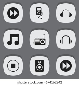 Set Of 9 Editable Music Icons. Includes Symbols Such As Headphones, Headsets, Musical Symbol And More. Can Be Used For Web, Mobile, UI And Infographic Design.