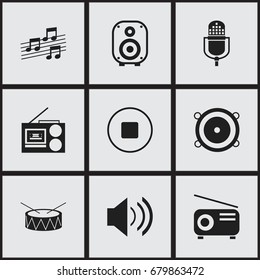 Set Of 9 Editable Music Icons. Includes Symbols Such As Media Fm, Cassette Player, Sound And More. Can Be Used For Web, Mobile, UI And Infographic Design.