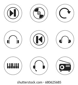 Set Of 9 Editable Music Icons. Includes Symbols Such As Earmuff, Refresh, Headsets And More. Can Be Used For Web, Mobile, UI And Infographic Design.