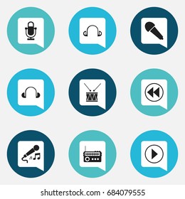 Set Of 9 Editable Music Icons. Includes Symbols Such As Start Audio, Karaoke, Phonogram And More. Can Be Used For Web, Mobile, UI And Infographic Design.