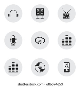 Set Of 9 Editable Music Icons. Includes Symbols Such As Music Speaker, Recorder, Disc And More. Can Be Used For Web, Mobile, UI And Infographic Design.