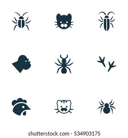 Set Of 9 Editable Nature Icons. Includes Symbols Such As Arachind, Cockroach, Rooster And More. Can Be Used For Web, Mobile, UI And Infographic Design.