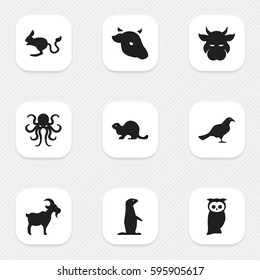 Set Of 9 Editable Nature Icons. Includes Symbols Such As Crow, Beaver, Bull And More. Can Be Used For Web, Mobile, UI And Infographic Design.