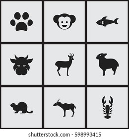Set Of 9 Editable Nature Icons. Includes Symbols Such As Reindeer, Shark, Gazelle And More. Can Be Used For Web, Mobile, UI And Infographic Design.