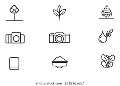 Set Of 9 Editable Nature Outline Icons. Includes Symbols Such As Plant, Photo Camera, Plant And More.
