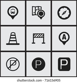 Set Of 9 Editable Navigation Icons. Includes Symbols Such As Gps, Street Construction, Road Sign And More. Can Be Used For Web, Mobile, UI And Infographic Design.