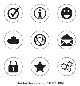 Set of 9 editable network icons. Includes symbols such as smile, check, cloud and more. Can be used for web, mobile, UI and infographic design.