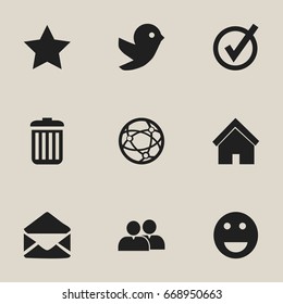 Set Of 9 Editable Network Icons. Includes Symbols Such As Group, Emoji, Dove And More. Can Be Used For Web, Mobile, UI And Infographic Design.