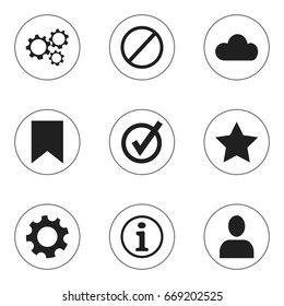 Set Of 9 Editable Network Icons. Includes Symbols Such As Gear, Faq, Approved And More. Can Be Used For Web, Mobile, UI And Infographic Design.