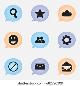 Set Of 9 Editable Network Icons. Includes Symbols Such As Letter, Magnifier, Group And More. Can Be Used For Web, Mobile, UI And Infographic Design.
