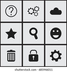 Set Of 9 Editable Network Icons. Includes Symbols Such As Magnifier, Security, Bookmark And More. Can Be Used For Web, Mobile, UI And Infographic Design.