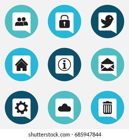 Set Of 9 Editable Network Icons. Includes Symbols Such As Recycle Bin, Group, Letter And More. Can Be Used For Web, Mobile, UI And Infographic Design.