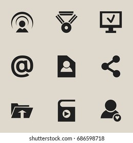 Set Of 9 Editable Network Icons. Includes Symbols Such As Lovely Profile, Connection, Computer And More. Can Be Used For Web, Mobile, UI And Infographic Design.
