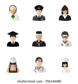 Set Of 9 Editable Occupation Flat Icons. Includes Symbols Such As Officer, Padre, Graduate And More. Can Be Used For Web, Mobile, UI And Infographic Design.