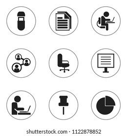 Set of 9 editable office icons. Includes symbols such as flash drive, pointer, office chair and more. Can be used for web, mobile, UI and infographic design.