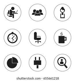 Set Of 9 Editable Office Icons. Includes Symbols Such As Work Seat, Person Working On Computer, Businesswoman And More. Can Be Used For Web, Mobile, UI And Infographic Design.