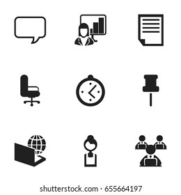Set Of 9 Editable Office Icons. Includes Symbols Such As Work Seat, Presentation, Globe And More. Can Be Used For Web, Mobile, UI And Infographic Design.