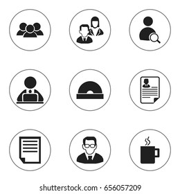Set Of 9 Editable Office Icons. Includes Symbols Such As Workman In Laptop, Employee, Group And More. Can Be Used For Web, Mobile, UI And Infographic Design.