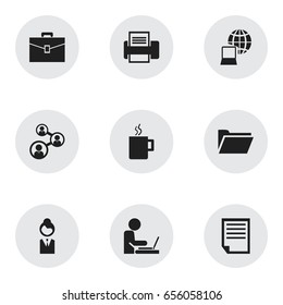 Set Of 9 Editable Office Icons. Includes Symbols Such As World, Worker In Laptop, Mug And More. Can Be Used For Web, Mobile, UI And Infographic Design.