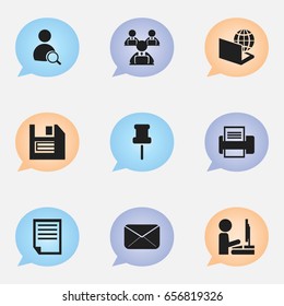 Set Of 9 Editable Office Icons. Includes Symbols Such As Work At The Computer, Epistle, Marker And More. Can Be Used For Web, Mobile, UI And Infographic Design.